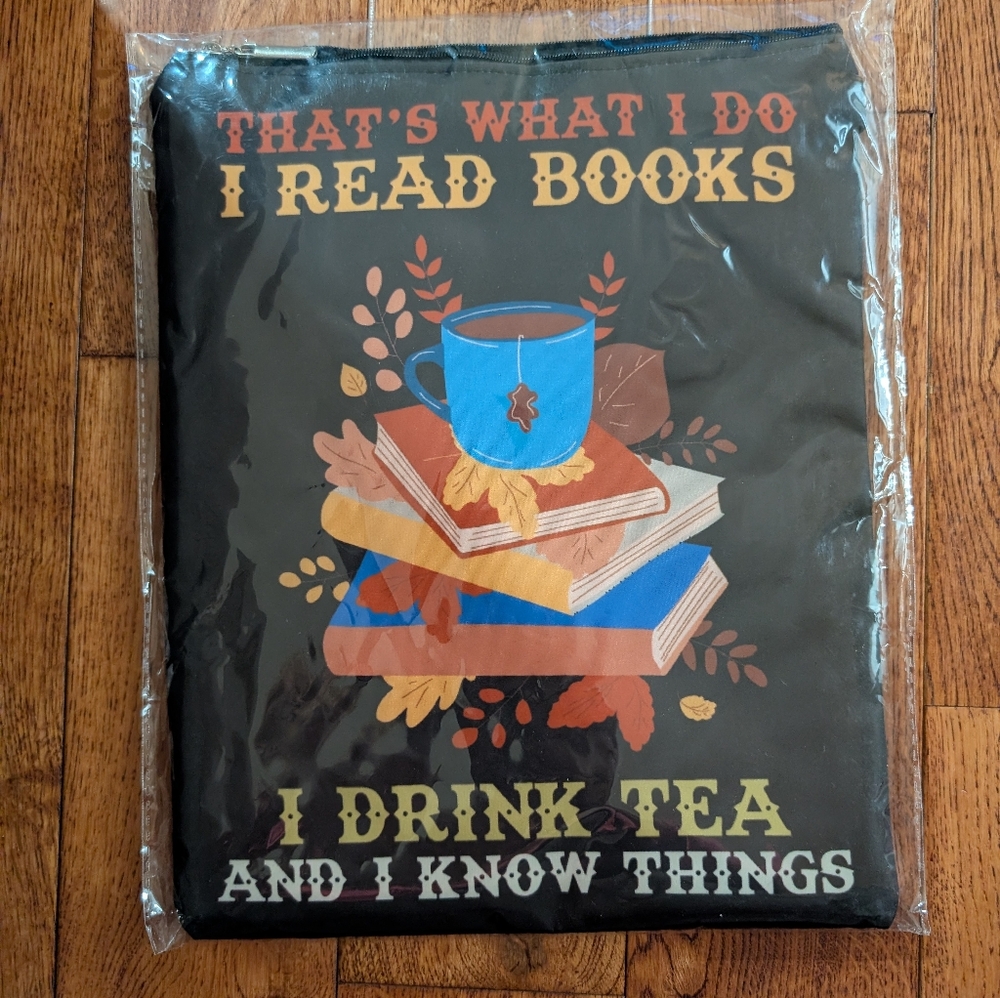 Book Sleeve Bag I Read Books And Drink Tea Zip Book Storage Velcro Pocket NIP